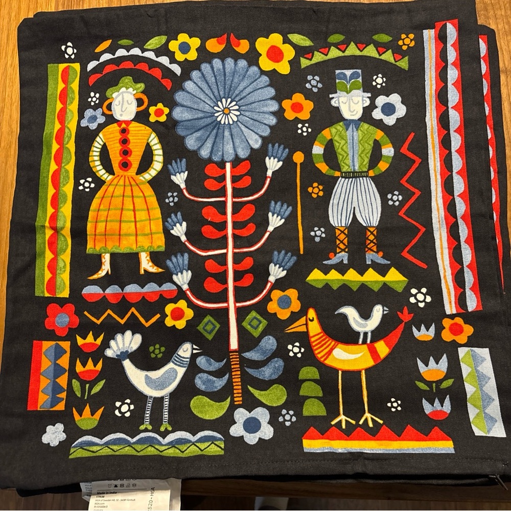 Ikea TRATTKAKTUS Pillow Covers (2) 20"x 20" Black/Multi Folk Pattern - NWoT
